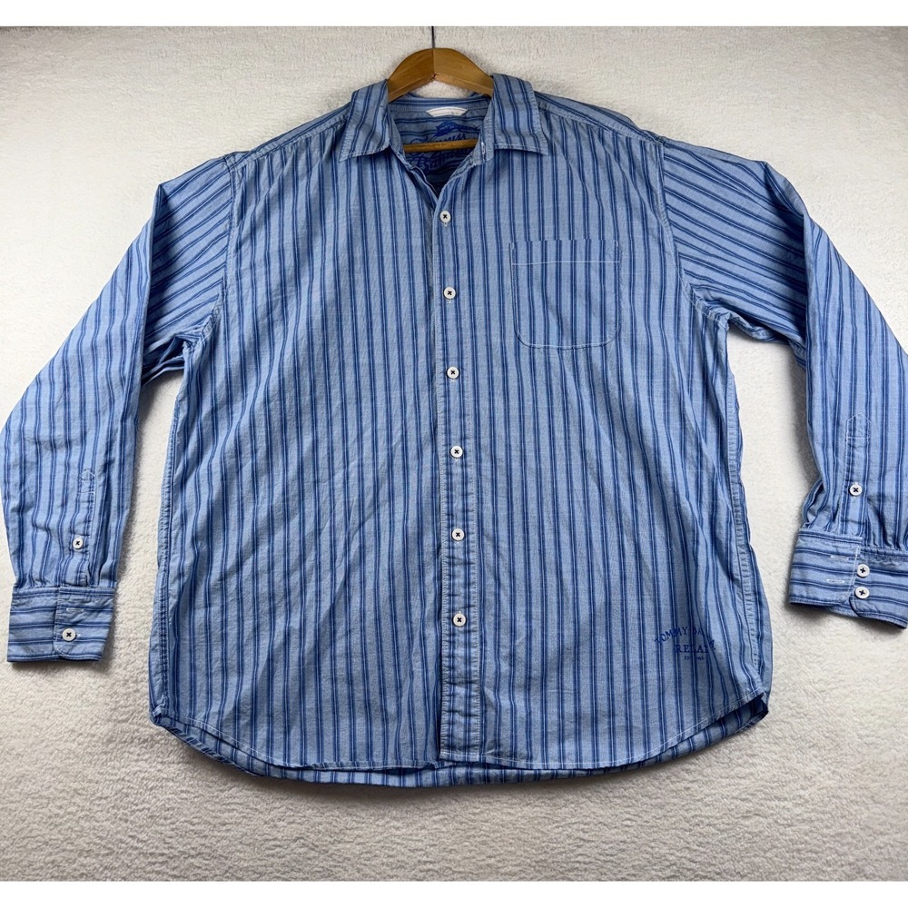 Tommy Bahama Button-Up Shirt Men's XL Navy Blue Cotton Vertical Stripes Relay